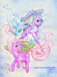 Size: 800x1073 | Tagged: safe, artist:z1ar0, g1, duo, flurry (g1), flying, high flyer, summer wing ponies, traditional art, watercolor painting, windy wing ponies, winger pony