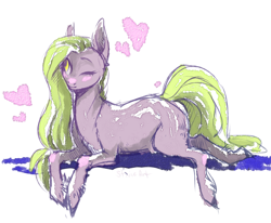 Size: 1280x1056 | Tagged: safe, artist:holosta, oc, oc only, cute, fluffy, green mane, heart, looking up, one eye closed, prone, request, simple background, smiling, solo, white background, wink