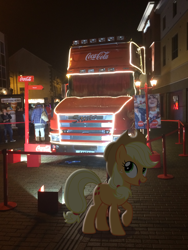 Size: 2448x3264 | Tagged: safe, artist:harpycross, character:applejack, species:earth pony, species:human, species:pony, clothing, coca-cola, female, hat, irl, lights, mare, night, photo, photoshop, ponies in real life, scania, solo, town, truck, vector, window