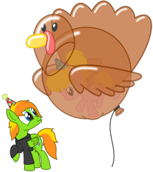 Size: 2650x2986 | Tagged: safe, artist:sny-por, oc, oc only, oc:jax, oc:lola balloon, species:earth pony, species:pegasus, species:pony, balloon, birthday, clothing, couple, hat, hoodie, one eye closed, party hat, ponytail, simple background, thanksgiving, transparent background, turkey, wink