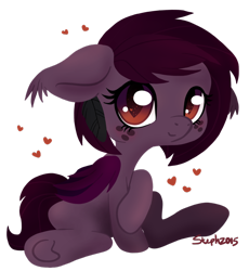 Size: 800x869 | Tagged: safe, artist:coffeecuppup, oc, oc only, species:bat pony, species:pony, bat pony oc, female, floppy ears, folded wings, freckles, heart, looking at you, mare, simple background, sitting, solo, transparent background