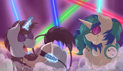 Size: 3135x1801 | Tagged: safe, artist:missydakota, character:dj pon-3, character:neon lights, character:rising star, character:vinyl scratch, species:pony, species:unicorn, female, magic, male, mare, microphone, neon, stallion