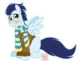 Size: 997x802 | Tagged: safe, artist:hufflepuffrave, character:soarin', species:pegasus, species:pony, g4, blushing, clothing, cute, jacket, male, scarf, signature, simple background, sitting, soarinbetes, solo, spread wings, stallion, transparent background, wings