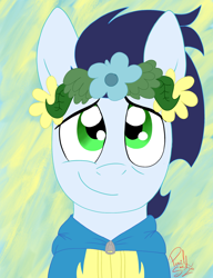 Size: 1536x2000 | Tagged: safe, artist:hufflepuffrave, character:soarin', species:pony, cute, floral head wreath, flower, male, smiling, soarinbetes, solo