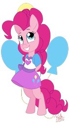Size: 900x1600 | Tagged: safe, artist:hufflepuffrave, character:pinkie pie, species:anthro, species:unguligrade anthro, clothing, cute, cutie mark background, diapinkes, equestria girls outfit, female, simple background, skirt, solo, transparent background
