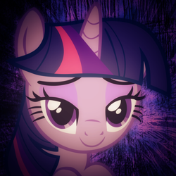 Size: 1440x1440 | Tagged: safe, artist:aeroytechyon-x, character:twilight sparkle, species:pony, species:unicorn, abstract background, bust, female, lidded eyes, looking at you, mare, smiling, solo