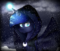 Size: 2000x1700 | Tagged: safe, artist:norica-official, character:princess luna, episode:a hearth's warming tail, g4, my little pony: friendship is magic, cloak, clothing, female, magic, snow, snowfall, solo, spirit of hearth's warming yet to come, spread wings, wings