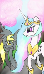 Size: 600x1000 | Tagged: safe, artist:zomixnu, character:derpy hooves, character:princess celestia, species:pegasus, species:pony, bright, colorful, drawn on phone, female, mare, solo