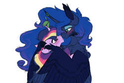 Size: 1200x800 | Tagged: safe, artist:silvy-fret, character:princess luna, character:twilight sparkle, species:alicorn, species:bat pony, species:pony, ship:twiluna, bat pony alicorn, bat wings, blushing, boop, colored wings, colored wingtips, curved horn, ear fluff, eye contact, female, floppy ears, fluffy, freckles, holly, holly mistaken for mistletoe, hug, lesbian, lidded eyes, looking at each other, lunabat, mare, noseboop, nuzzling, race swap, rainbow power, shipping, shoulder fluff, simple background, smiling, spread wings, transparent background, winghug, wings