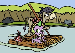 Size: 812x572 | Tagged: safe, artist:closer-to-the-sun, character:cranky doodle donkey, character:spike, species:donkey, episode:dragon quest, g4, my little pony: friendship is magic, duo, huckleberry finn, raft, river, straw, water
