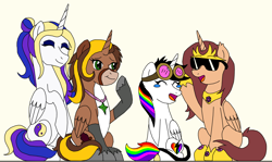Size: 2684x1596 | Tagged: safe, artist:fluttershysone, oc, oc only, oc:fallenwish, oc:lightning bliss, oc:princess heather blossom, oc:pristine, species:alicorn, species:pony, alicorn oc, brony analyst, crying, cutie mark, eyes closed, goggles, laughing, pegasister, simple background, smiling, sunglasses, tears of laughter