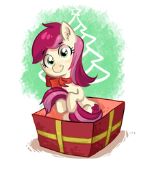 Size: 2200x2665 | Tagged: safe, artist:lis-alis, character:roseluck, species:earth pony, species:pony, adorarose, bow, box, cute, female, hug, looking at you, mare, pony in a box, present, sitting, solo, tail hug