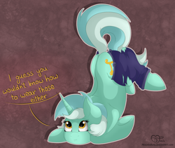 Size: 2250x1900 | Tagged: safe, artist:missydakota, character:lyra heartstrings, species:pony, clothing, commission, dialogue, face down ass up, female, pants, ripping clothes, signature, silly, silly pony, solo, text, tripping, underhoof