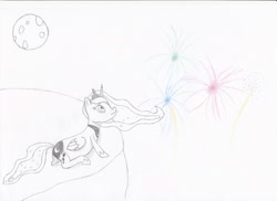 Size: 2048x1494 | Tagged: safe, artist:ragmo, character:princess luna, female, fireworks, moon, solo, traditional art