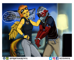 Size: 3518x2850 | Tagged: safe, artist:aspirantedeartista, character:spitfire, oc, oc:thunderstreak, species:anthro, belt, bondage, clothing, commission, couch, dialogue, goggles, hand cuffs, indoors, lamp, open mouth, pants, signature, speech bubble, television
