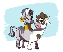 Size: 1019x840 | Tagged: safe, artist:suxt0hax, character:daisy jo, character:zecora, species:cow, species:zebra, cloven hooves, female, fusion, looking at each other, we have become one, zebrow