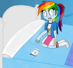 Size: 1024x960 | Tagged: safe, artist:rai2n, character:rainbow dash, character:soarin', my little pony:equestria girls, bed, fanfic, fanfic art, implied soarindash, phone, smartphone, watermark