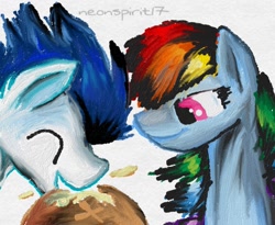 Size: 800x655 | Tagged: safe, artist:neonspirit17, character:rainbow dash, character:soarin', species:pony, ship:soarindash, food, male, painting, pie, shipping, straight, that pony sure does love pies