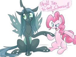Size: 1200x900 | Tagged: safe, artist:chingilin, character:pinkie pie, character:queen chrysalis, species:changeling, species:earth pony, species:pony, changeling queen, cheeselegs, duo, duo female, fangs, female, mare, simple background, sitting