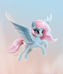 Size: 1011x1200 | Tagged: safe, artist:paintedhoofprints, character:wind whistler, species:pegasus, species:pony, g1, bow, commission, eyebrows, female, flying, g1 to g4, generation leap, gradient background, looking at you, mare, signature, solo, spread wings, tail bow, wings