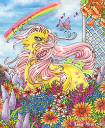 Size: 550x668 | Tagged: safe, artist:anniemsson, character:posey, g1, butterfly, flower, garden, rainbow