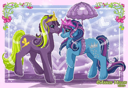 Size: 600x413 | Tagged: safe, artist:anniemsson, species:earth pony, species:pony, g2, female, heart, looking at each other, male, mare, prince firefly, princess silver rain, raised hoof, shipping, silverfly, smiling, stallion, straight, umbrella