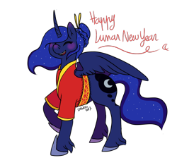 Size: 790x741 | Tagged: safe, artist:denkis, character:princess luna, alternate hairstyle, clothing, eyes closed, female, hair bun, happy, lunar new year, raised hoof, simple background, solo, spread wings, transparent background, unshorn fetlocks, wings