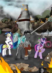 Size: 1024x1448 | Tagged: safe, artist:humble-ravenwolf, character:shining armor, character:spike, character:twilight sparkle, oc, oc:ravenhoof, species:dragon, species:pegasus, species:pony, species:unicorn, aftermath, destruction, fire, ruins