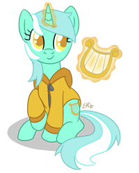 Size: 720x900 | Tagged: safe, artist:oemilythepenguino, character:lyra heartstrings, species:pony, species:unicorn, clothing, colored pupils, female, hoodie, levitation, lyre, magic, musical instrument, raised hoof, simple background, sitting, smiling, solo, telekinesis, transparent background