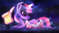 Size: 1920x1080 | Tagged: safe, artist:macalaniaa, character:twilight sparkle, species:pony, species:unicorn, book, female, grass, magic, mare, open mouth, parchment, prone, quill pen, sky, solo, telekinesis