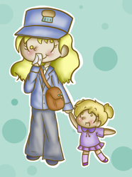 Size: 638x856 | Tagged: safe, artist:maareep, character:derpy hooves, character:dinky hooves, bag, chibi, clothing, cute, hat, humanized, letter, mail, mailbag