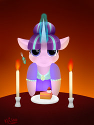 Size: 1500x2000 | Tagged: safe, artist:keisaa, character:starlight glimmer, cake, candle, dinner, female, food, glowing horn, looking at you, magic, solo, telekinesis
