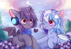 Size: 2952x2031 | Tagged: safe, artist:nitrogenowo, oc, oc only, species:alicorn, species:bat pony, species:pony, alicorn oc, bat pony alicorn, cloud, cute, duo, flower, glowing horn, headphones, heart, magic, multicolored hair, ocbetes, one eye closed, open mouth, raised hoof, sky, smiling, wink