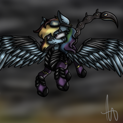Size: 1000x1000 | Tagged: safe, artist:inspiration1413, character:rainbow dash, species:pegasus, species:pony, fallout equestria, armor, clothing, costume, enclave armor, fanfic, fanfic art, female, flying, goggles, hooves, mare, ministry mares, power armor, scorpion tail, shadowbolt armor, shadowbolt dash, shadowbolts, shadowbolts costume, solo, wings