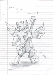 Size: 1700x2338 | Tagged: safe, artist:joey012, derpibooru original, character:derpy hooves, species:pony, bipedal, eyes closed, female, lined paper, monochrome, solo, spread wings, tongue out, traditional art, wings