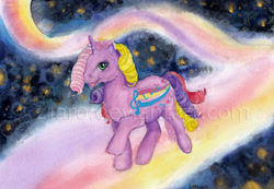 Size: 800x554 | Tagged: safe, artist:z1ar0, g1, colored pencil drawing, female, ink, pen drawing, pencil drawing, rainbow curl pony, solo, streaky, traditional art, watercolor painting, watermark