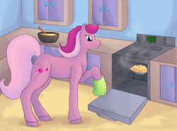 Size: 2243x1664 | Tagged: safe, artist:rikakitty, character:sweetberry, species:earth pony, species:pony, g2, female, food, oven, pie, solo, sweet berry, unshorn fetlocks