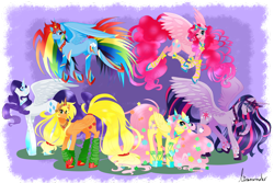 Size: 1600x1067 | Tagged: safe, artist:linamomoko, character:applejack, character:fluttershy, character:pinkie pie, character:rainbow dash, character:rarity, character:twilight sparkle, character:twilight sparkle (alicorn), species:alicorn, species:pony, alicornified, applecorn, everyone is an alicorn, fluttercorn, good end, happy ending, leg warmers, long legs, mane six, mane six alicorns, pinkiecorn, race swap, rainbowcorn, raricorn, simple background, transparent background, xk-class end-of-the-world scenario