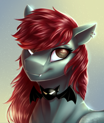 Size: 1024x1212 | Tagged: safe, artist:glitteronin, oc, oc only, oc:spiral night, species:bat pony, species:pony, bust, fangs, female, gradient background, mare, red hair, smiling, solo
