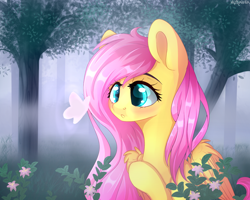 Size: 1500x1200 | Tagged: safe, artist:mitralexa, character:fluttershy, blushing, butterfly, cute, female, flower, forest, shyabetes, solo, tree