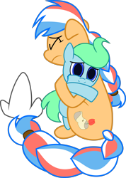 Size: 6400x9014 | Tagged: safe, artist:stjonal, oc, oc only, oc:ember, oc:glace (hwcon), species:earth pony, species:pony, .svg available, absurd resolution, braid, clothing, colt, crying, cutie mark, dutch, dutch cap, female, hat, hug, male, mare, mascot, sad, simple background, transparent background, vector