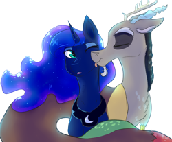 Size: 2300x1900 | Tagged: safe, artist:shiny-cooler, character:discord, character:princess luna, ship:lunacord, face licking, female, licking, male, shipping, simple background, straight, tongue out, white background
