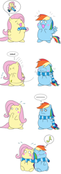 Size: 1364x3857 | Tagged: safe, artist:iroenpitu_nico, artist:raityusenpai280, artist:いろえんぴつ, character:fluttershy, character:rainbow dash, chubbie, 4koma, blushing, clothing, cold, comic, cute, gift giving, happy, knitting, pixiv, present, scarf, shared clothing, shared scarf, sharing, sneezing