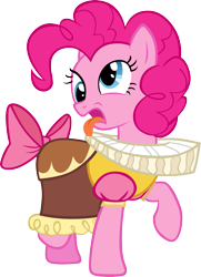 Size: 2353x3255 | Tagged: safe, artist:cthulhuandyou, character:pinkie pie, species:earth pony, species:pony, episode:hearth's warming eve, g4, my little pony: friendship is magic, bow, chancellor puddinghead, clothing, costume, derp, disgusted, dress, female, ruff (clothing), simple background, solo, tail bow, tongue out, transparent background, vector