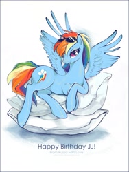 Size: 2000x2655 | Tagged: safe, artist:chio-kami, character:rainbow dash, species:pegasus, species:pony, bedroom eyes, birthday gift, female, looking at you, mare, pillow, prone, smiling, solo, spread wings, sunglasses, wings