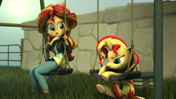 Size: 1920x1080 | Tagged: safe, artist:jarg1994, character:sunset shimmer, species:pony, my little pony:equestria girls, 3d, clothing, female, human ponidox, jacket, leather jacket, pants, ponidox, self ponidox, sitting, struggling, swing
