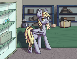 Size: 3234x2508 | Tagged: dead source, safe, artist:itresad, character:derpy hooves, species:pegasus, species:pony, cute, envelope, female, food, indoors, letter, mailmare, mare, mouth hold, muffin, post office, snack, solo, tail