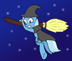 Size: 832x704 | Tagged: safe, artist:haxorus31, character:trixie, broom, cape, clothing, costume, flying, flying broomstick, hat, looking down, scared, stars, underhoof, witch, witch hat