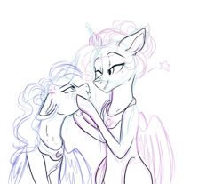 Size: 983x812 | Tagged: safe, artist:shiny-cooler, character:princess celestia, character:princess luna, species:alicorn, species:pony, ship:princest, accessory swap, alternate hairstyle, annoyed, blushing, cheek squish, female, imminent kissing, incest, lesbian, looking at each other, mare, one eye closed, shipping, sketch, squishy cheeks, wink