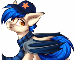 Size: 2676x2125 | Tagged: safe, artist:gicme, oc, oc only, oc:moonshot, species:bat pony, species:pony, baseball cap, cap, clothing, hat, looking at you, scarf, smiling, solo